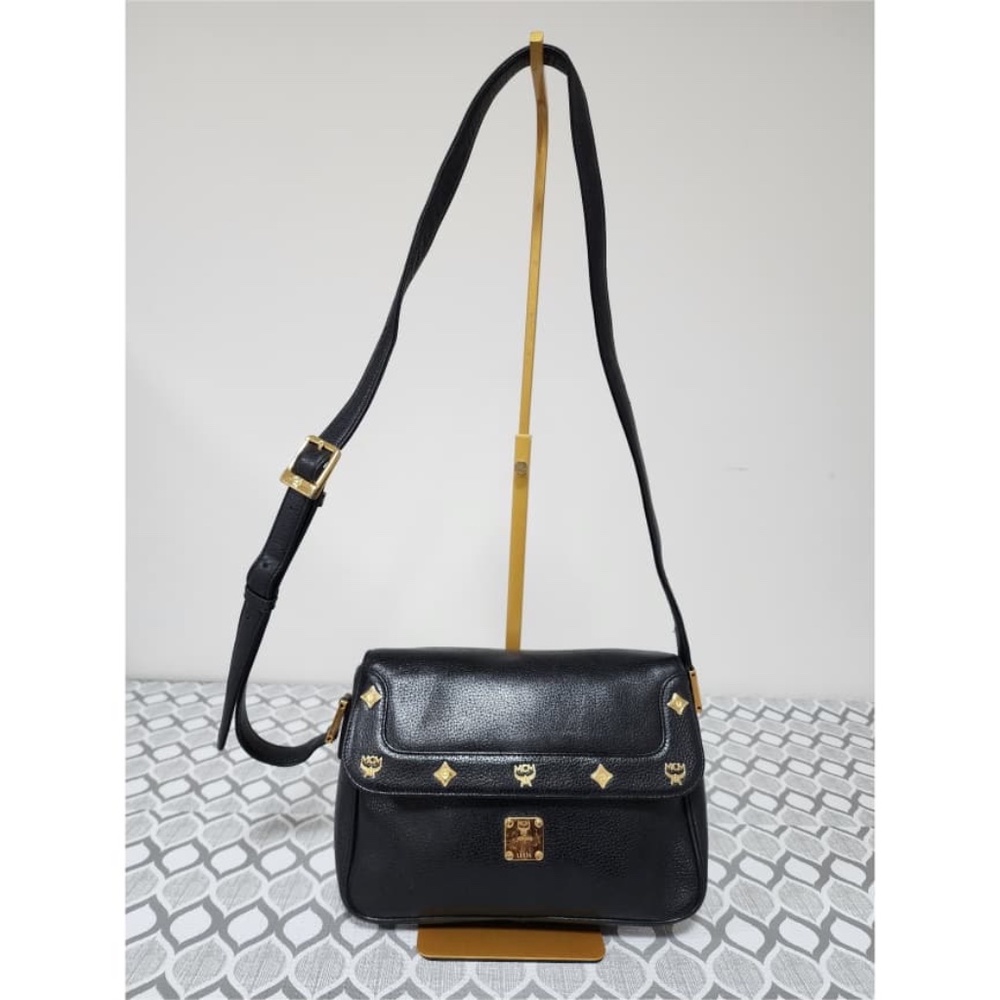 Authentic MCM Vintage Leather Studded Crossbody Bag Black